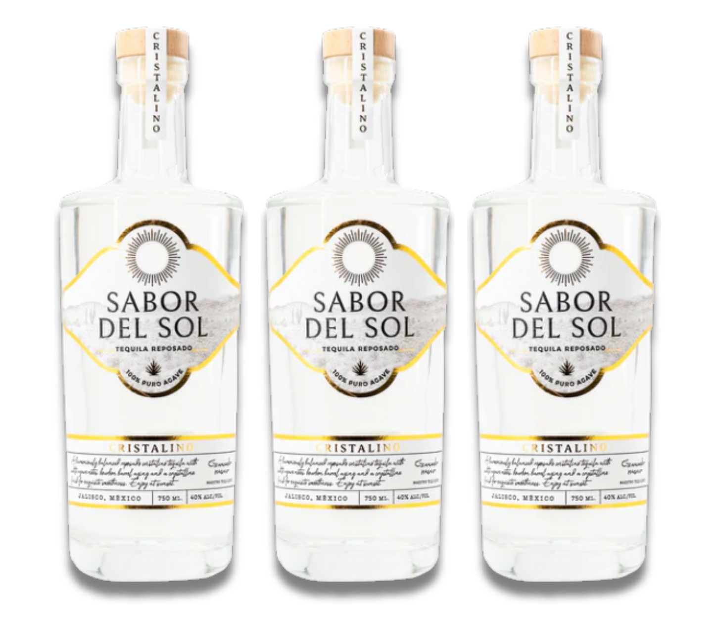 Three bottles of Sabor del Sol tequila on a white background