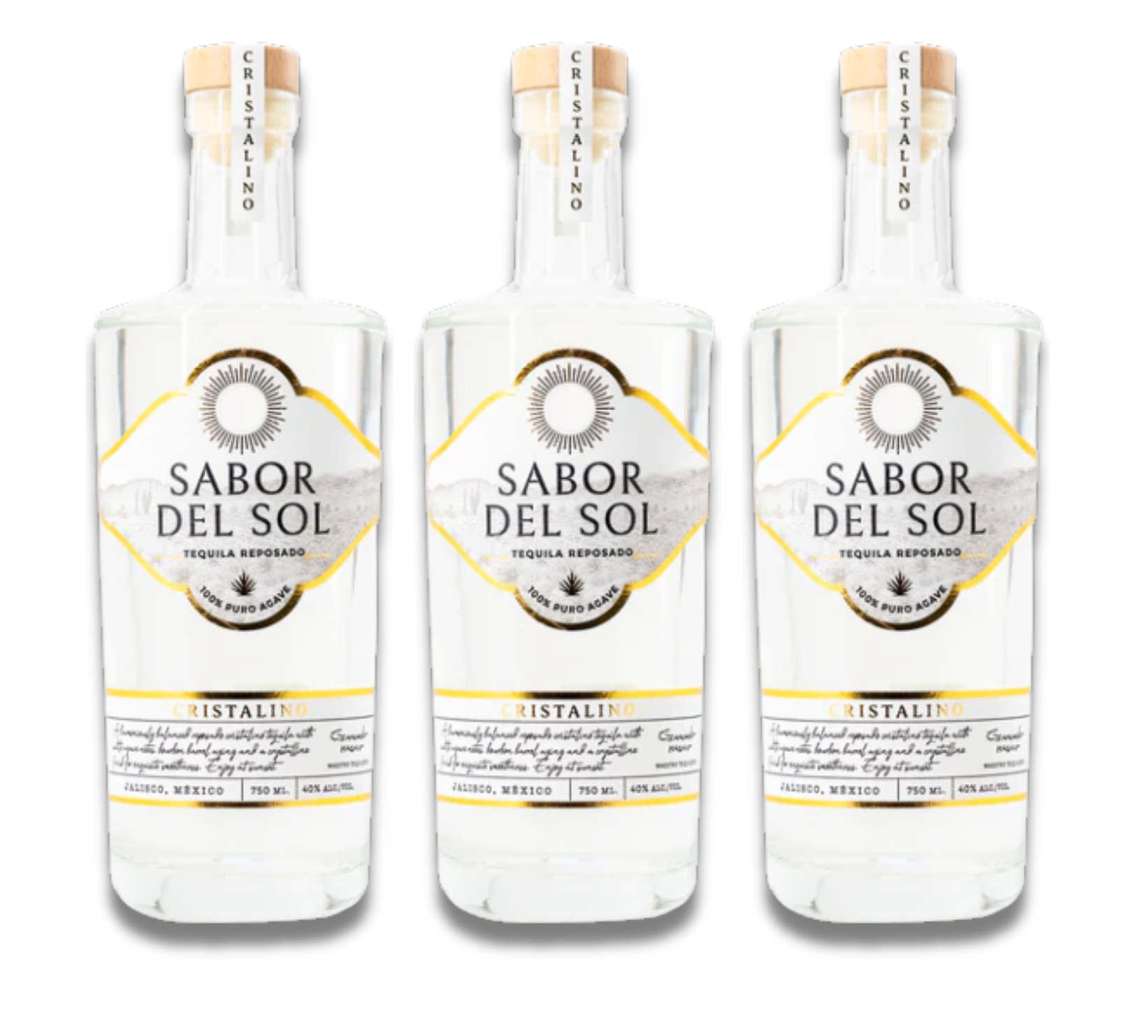 Three bottles of Sabor del Sol tequila on a white background